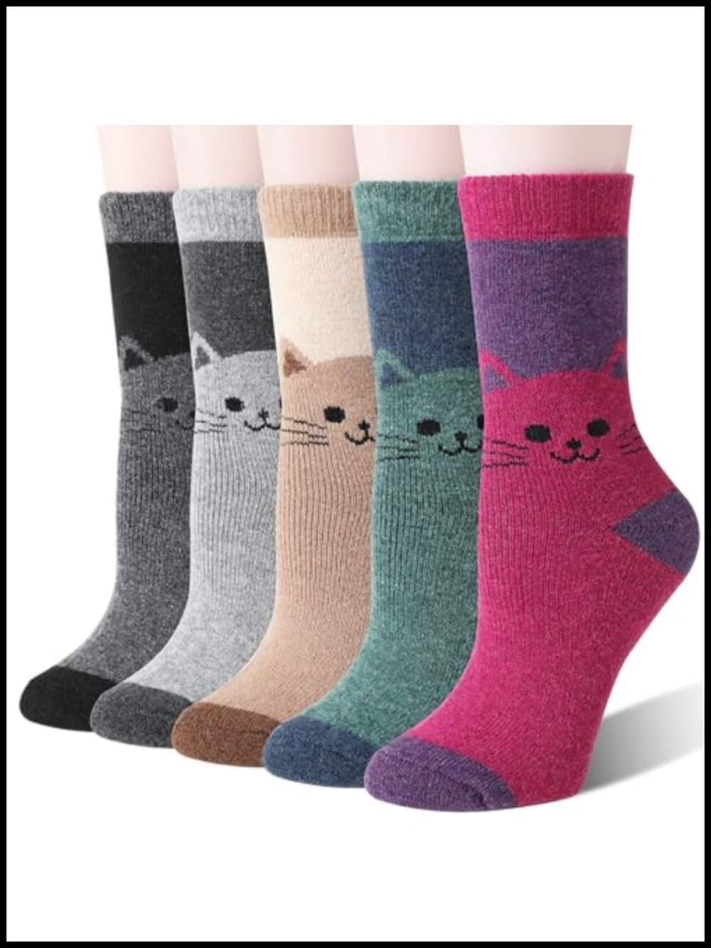 Merino Wool Cat Socks Thermal Winter Warm Thick Cozy Crew Socks 5 Pairs